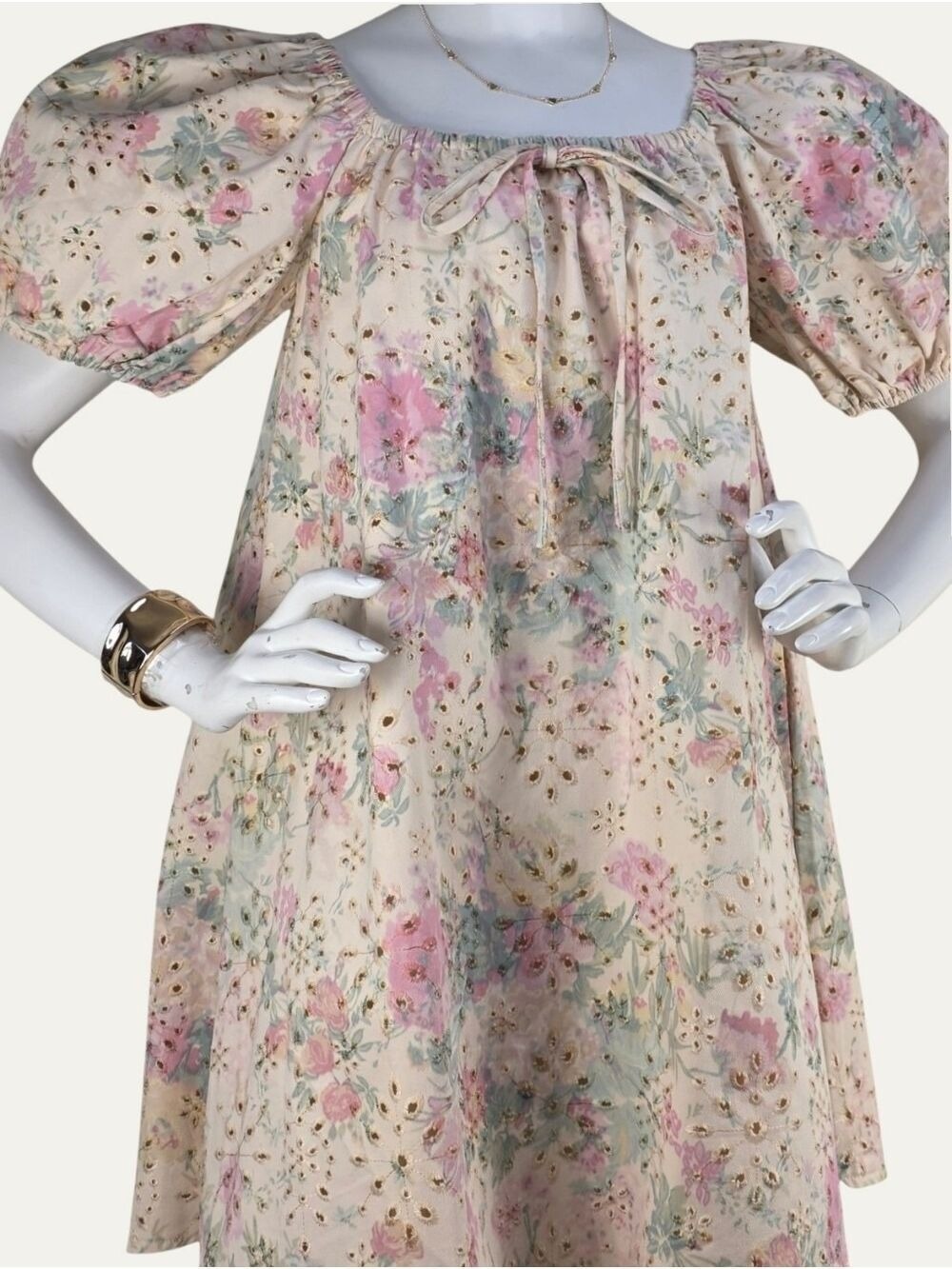 GeeGee Floral Eyelet Puff Sleeve Babydoll Dress Pockets Coquette NWT Small - Picture 11 of 14